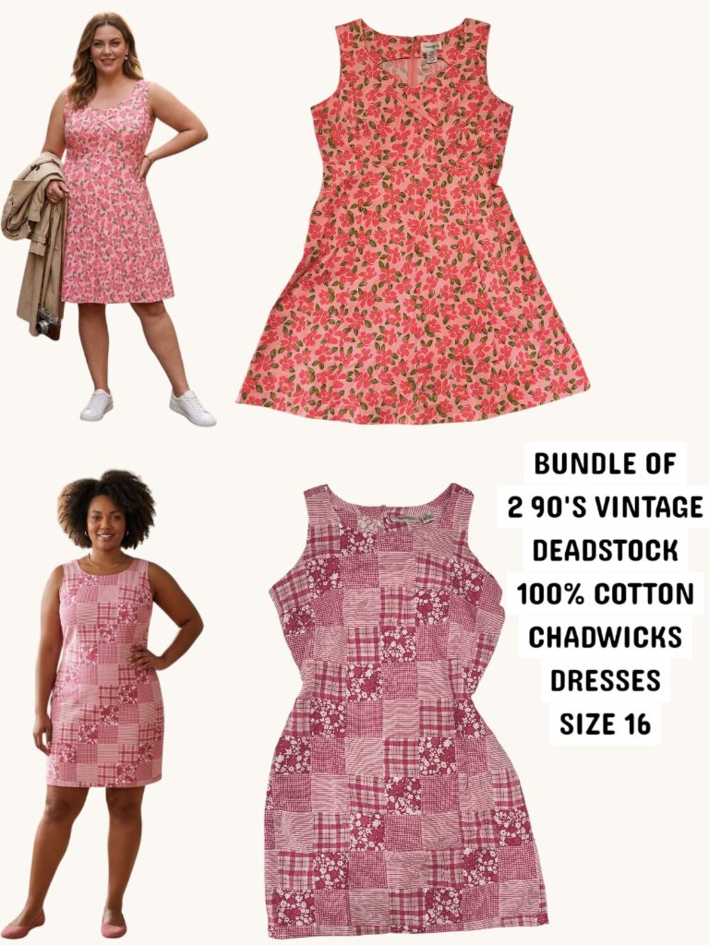 90'S VINTAGE DEADSTOCK PATCHWORK FLORAL CHADWICK'S DRESSES BUNLDE 16 EUC/NWOT